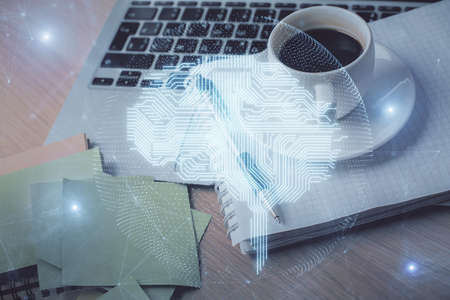 Double exposure of brain drawing and desktop with coffee and items on table background. Concept of...