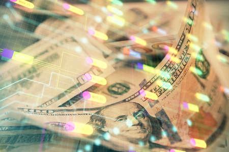 Double exposure of data theme drawing over us dollars bill background. Technology concept.