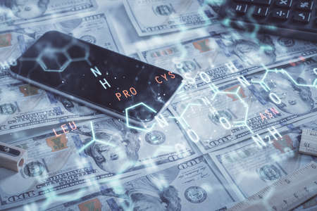 Double exposure of formula drawing over usa dollars bill background. Concept of education.の写真素材