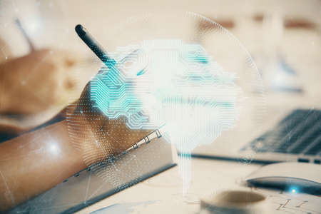 Double exposure of brain drawing over people taking notes background. Concept of Ai