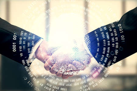 Double exposure of fingerprint hologram and handshake of two men. Security concept.