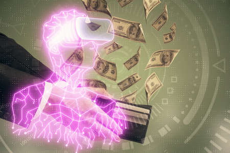 Multi exposure of vr glasses drawing hologram and USA dollars bills and man hands.