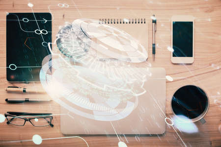 Multi exposure of technology theme drawing over work table desktop. Top view. Global data analysis...