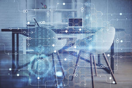 Multi exposure of data theme drawing and office interior background. Concept of technology.