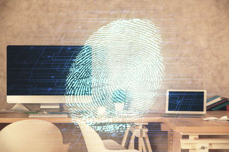 Double exposure of finger print and office interior background. Concept of security.の写真素材