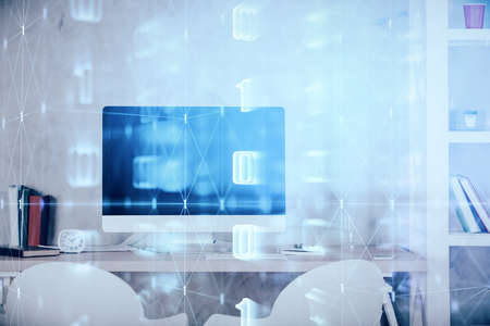 Multi exposure of data theme drawing and office interior background. Concept of technology.の写真素材