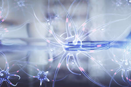 Double exposure of education drawing hologram over coffee cup background in office.