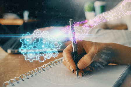 Double exposure of data theme sketch drawing over people writing background. Concept of technologyの写真素材