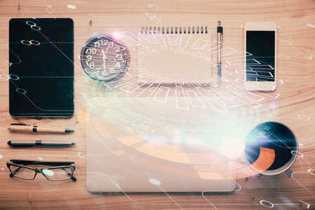 Multi exposure of technology theme drawing over work table desktop. Top view. Global data analysis...
