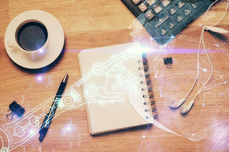 Double exposure of technology drawing and work table top veiw. Concept of hightech.