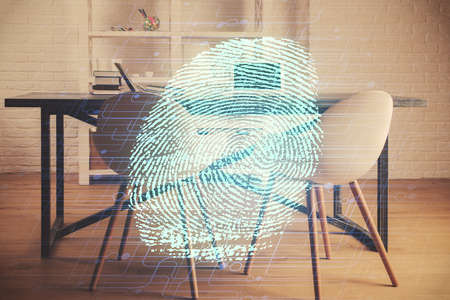 Double exposure of finger print and office interior background. Concept of security.