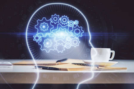 Double exposure of brain drawing and desktop with coffee and items on table background. Concept of research.の写真素材