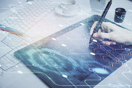 Double exposure of technology sketch hologram and woman holding and using a mobile device. Ai...