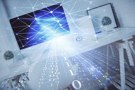 Multi exposure of data theme drawing and office interior background. Concept of technology.