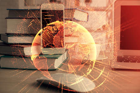 Double exposure of social network theme drawing and cell phone background. Concept of people...