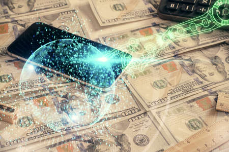 Double exposure of data theme drawing over us dollars bill background. Technology concept.の写真素材
