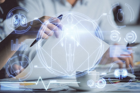 Double exposure of education theme drawing over people taking notes background. Concept of people studyingの写真素材