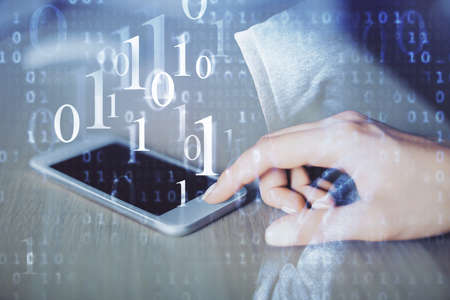 Double exposure of technology sketch hologram and woman holding and using a mobile device.