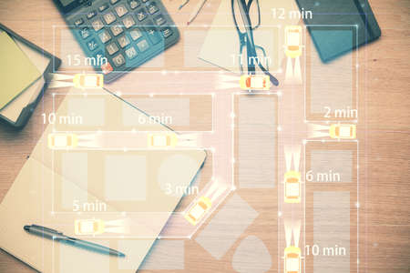 Double exposure of automobile theme drawing and work table top veiw. Concept of technology in auto...