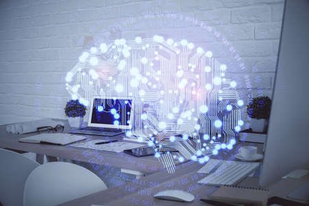 Double exposure of brain drawing and office interior background. Concept of data technology.