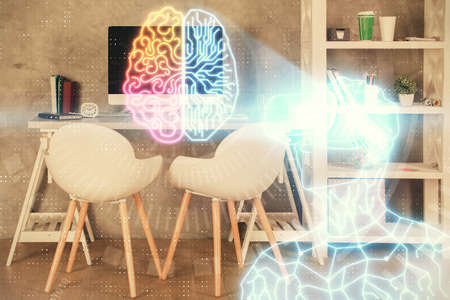 Double exposure of man in VR glasses drawing and office interior background. Concept of AR.