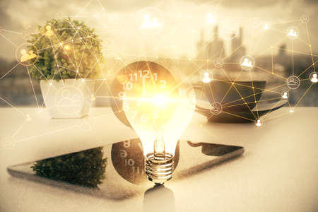 Double exposure of social network theme drawing and cell phone background. Concept of people...