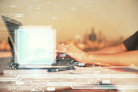 Multi exposure of woman hands working on computer and data theme hologram drawing. Tech concept.