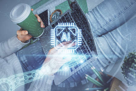 Double exposure of woman hands working on computer and data theme hologram drawing. Tech concept.