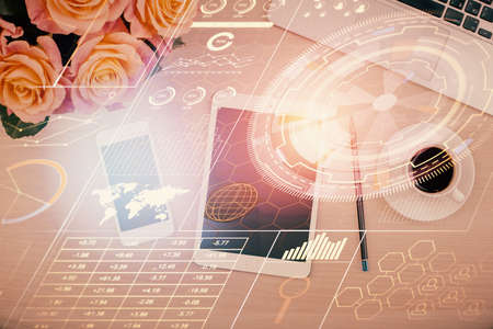Multi exposure of technology theme drawing over work table desktop. Top view. Global data analysis...