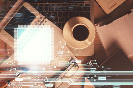 Double exposure of technology theme drawing over work table desktop. Top view. Global data analysis concept.の写真素材