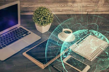 Double exposure of social network theme drawing and cell phone background. Concept of people...