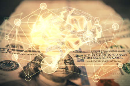 Double exposure of brain drawing over us dollars bill background. Technology concept.の写真素材