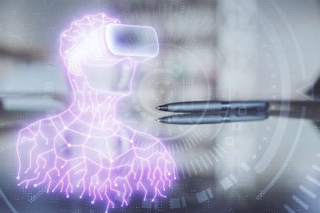 Double exposure of man in VR glasses drawing hologram over coffee cup background in office. Concept...