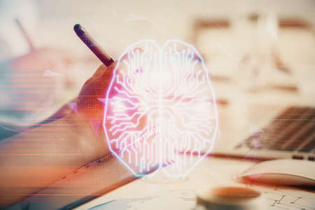 Double exposure of brain drawing over people taking notes background. Concept of Aiの写真素材
