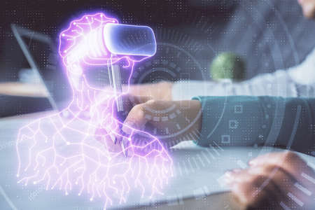 Double exposure of AR glasses drawing over people taking notes background. Concept of VR