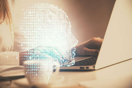 Multi exposure of woman hands working on computer and human brain hologram drawing. Ai tech concept.の写真素材