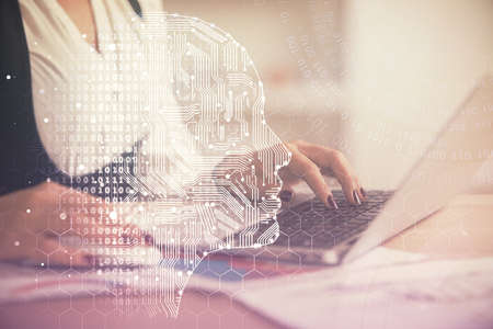 Multi exposure of woman hands working on computer and human brain hologram drawing. Ai tech concept.