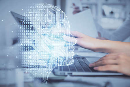 Multi exposure of woman hands working on computer and brain hologram drawing. Ai concept.