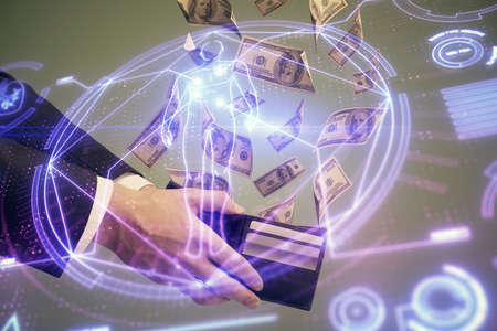 Multi exposure of education theme drawing hologram and USA dollars bills and man hands.