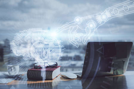Multi exposure of brain drawings and desk with open notebook background. Concept of AI