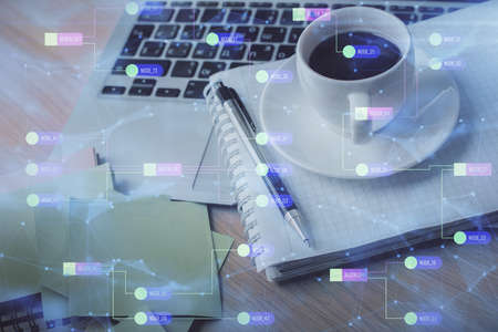 Multi exposure of technology theme drawing and desktop with coffee and items on table background....