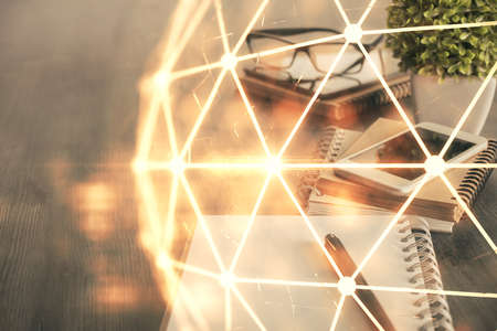 Double exposure of social network theme drawing and cell phone background. Concept of people connection over the worldの写真素材