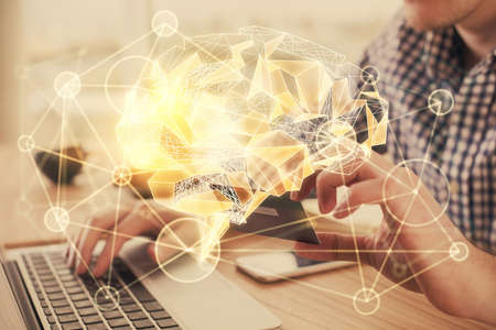 Double exposure of man hands typing on computer with credit card and brain theme drawing. E-commerce and AI concept.の写真素材