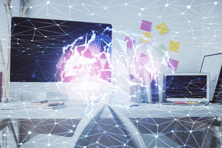 Double exposure of brain drawing and office interior background. Concept of data technology.