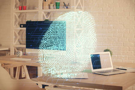 Double exposure of finger print and office interior background. Concept of security.