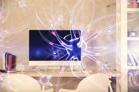 Double exposure of neuron drawing and office interior background. Concept of education.の写真素材