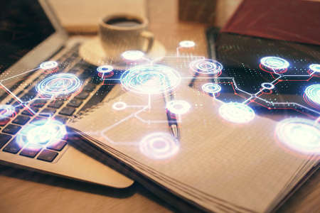 Double exposure of social network drawing and desktop with coffee and items on table background....