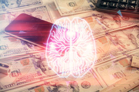 Double exposure of brain drawing over us dollars bill background. Technology concept.の写真素材