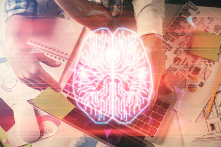Double exposure of man and woman working together and human brain hologram drawing. Brainstorm...
