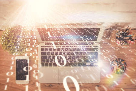 Double exposure of data hologram sketch over study table background with computer. Concept of Ai....